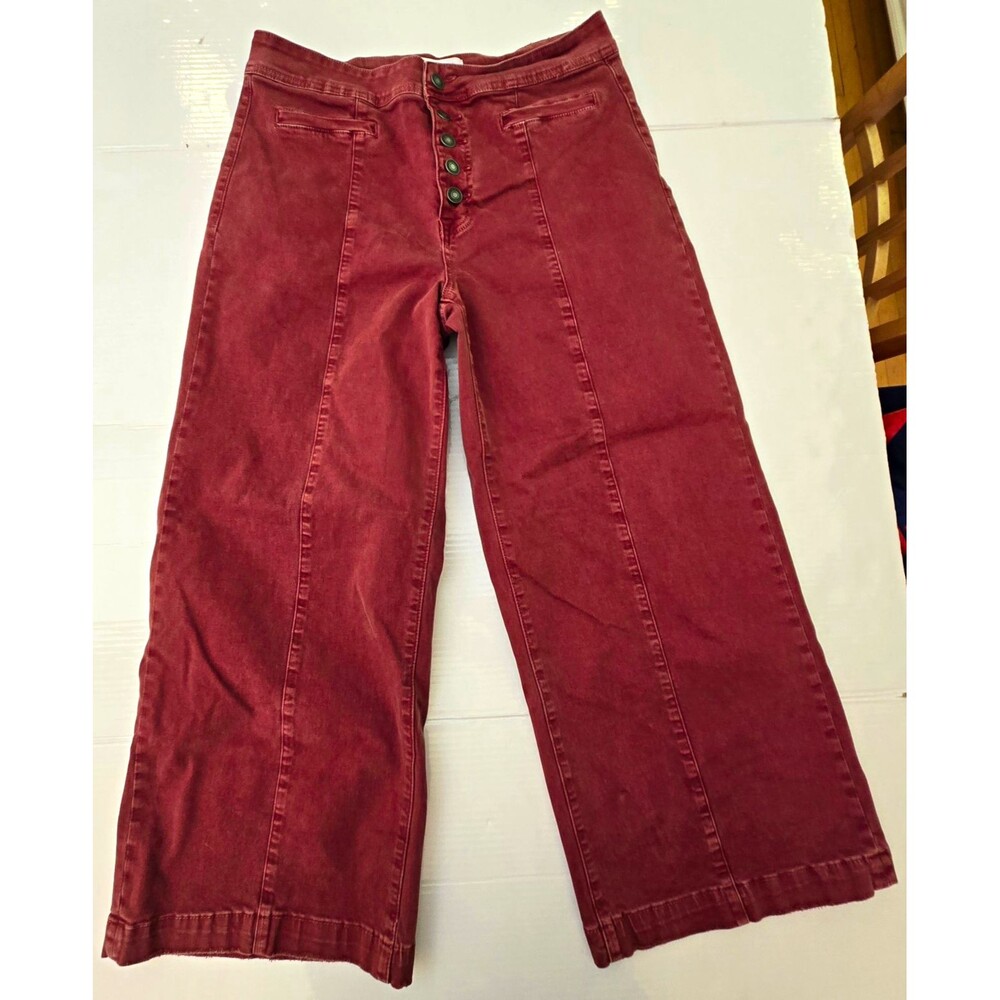 Mica Women’s Red Denim Wide Leg Cropped Pants Mid Rise Button Fly Pockets